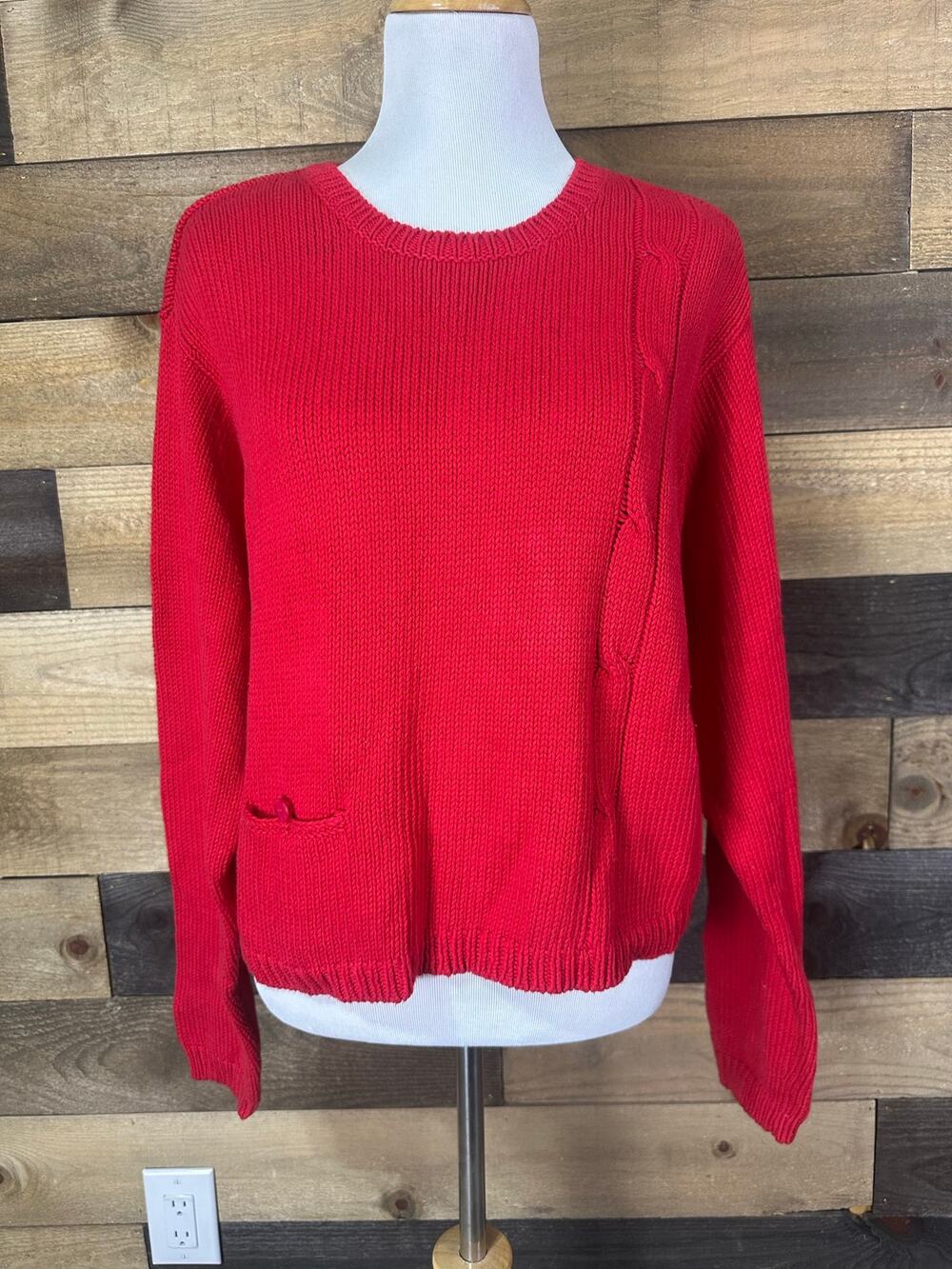 TALBOTS Red Cable Knit Accent Cotton Sweater Size XL EUC